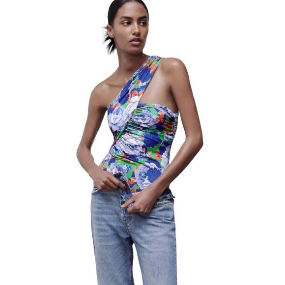 ZARA Bodysuit NWT Small Blue Green Red Floral Asymmetrical Bloggers Fav Summer - Picture 2 of 9